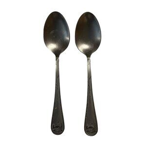 Vintage Stainless Steel Spoons With Engraved Log Cabin Handle Design